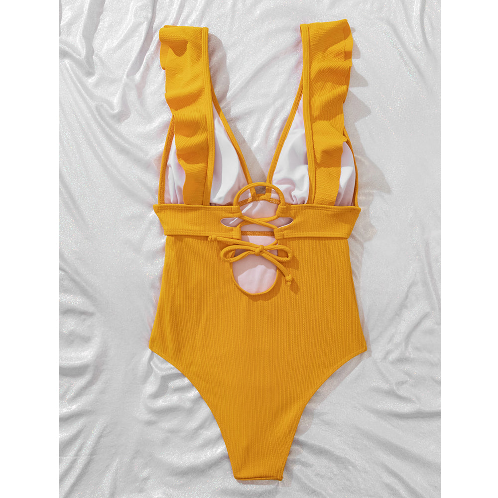 Elisa | Women's Elegant V-Neck Swimsuit with Ruffle Details-Metro Lane Plaza