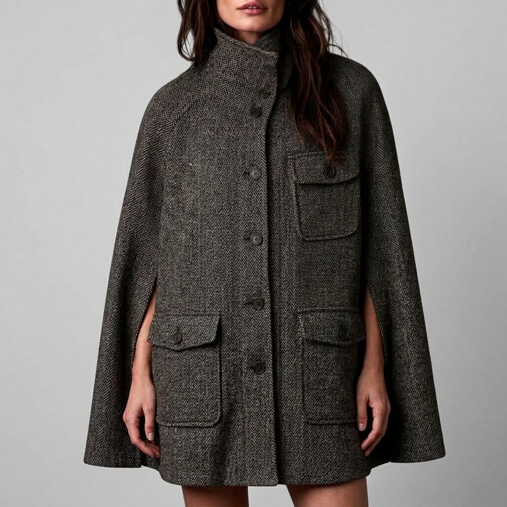 Women's High-Neck Herringbone Wool-Blend Cape Jacket
