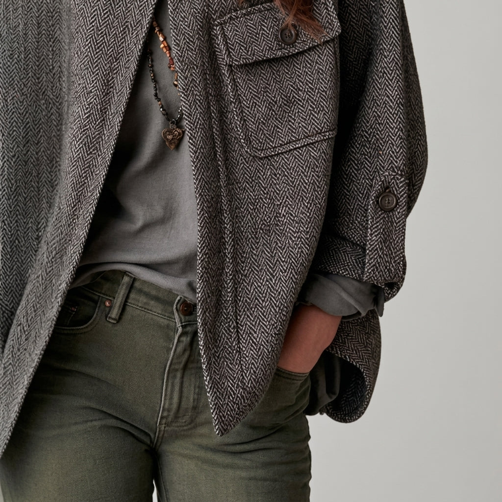 Women's High-Neck Herringbone Wool-Blend Cape Jacket