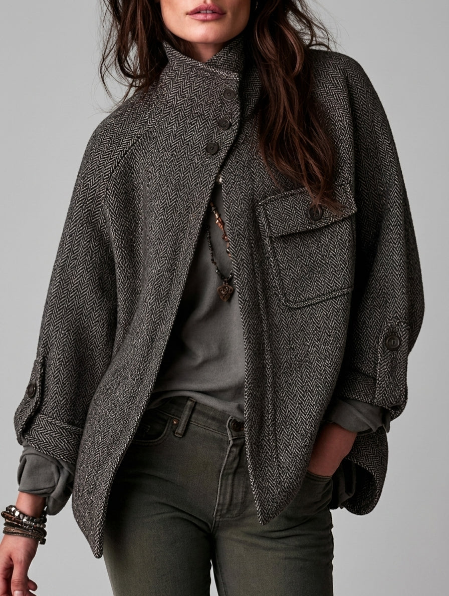 Women's High-Neck Herringbone Wool-Blend Cape Jacket