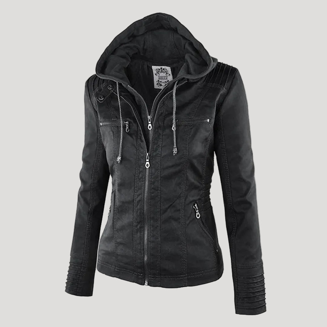 Norelle | Women's Stylish Faux Leather Jacket with Hood-Metro Lane Plaza