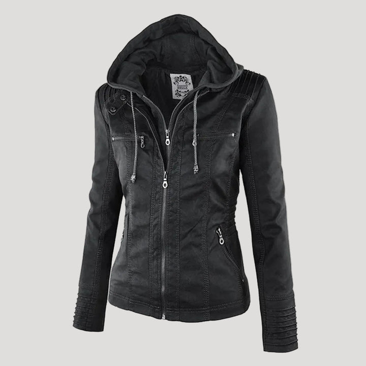 Norelle | Women's Stylish Faux Leather Jacket with Hood-Metro Lane Plaza