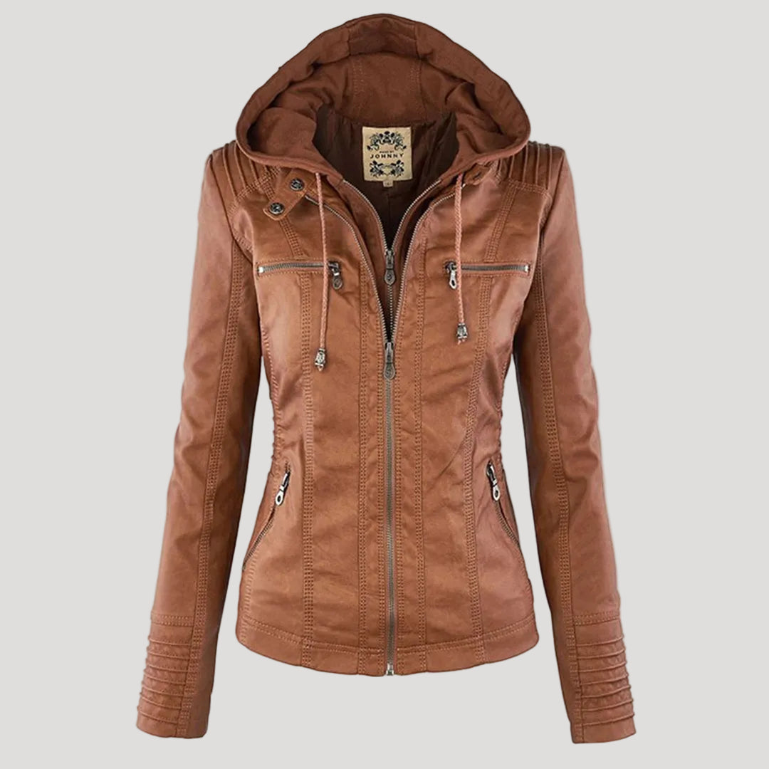 Norelle | Women's Stylish Faux Leather Jacket with Hood-Metro Lane Plaza