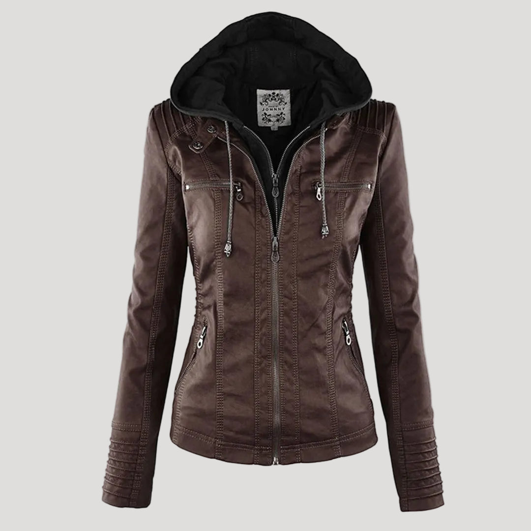 Norelle | Women's Stylish Faux Leather Jacket with Hood-Metro Lane Plaza