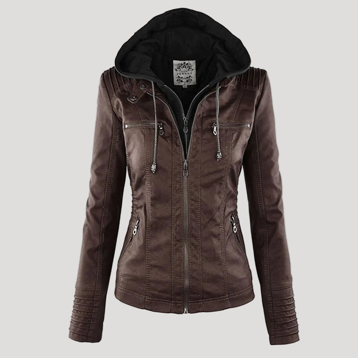 Norelle | Women's Stylish Faux Leather Jacket with Hood-Metro Lane Plaza