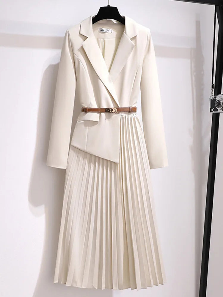 Shirley | Women's Belted Blazer Style Pleated Midi Dress-Metro Lane Plaza