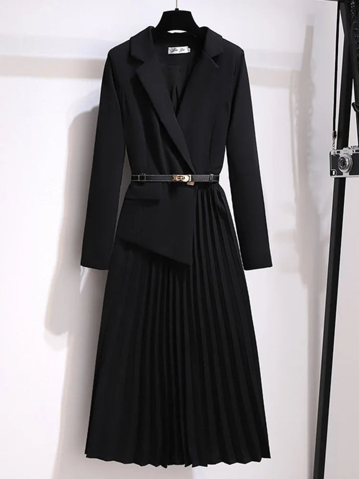 Shirley | Women's Belted Blazer Style Pleated Midi Dress-Metro Lane Plaza
