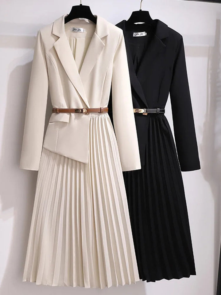 Shirley | Women's Belted Blazer Style Pleated Midi Dress-Metro Lane Plaza