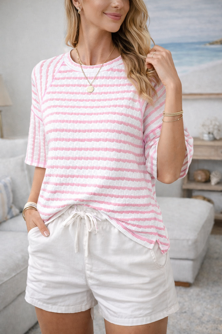 Mia | Women's Effortless Breathable Striped Relaxed T-Shirt-Metro Lane Plaza