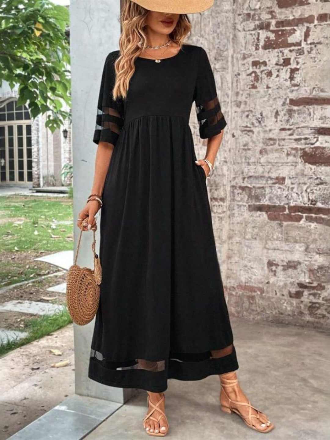 Women's Elegant Sheer Panel Maxi Dress-Metro Lane Plaza