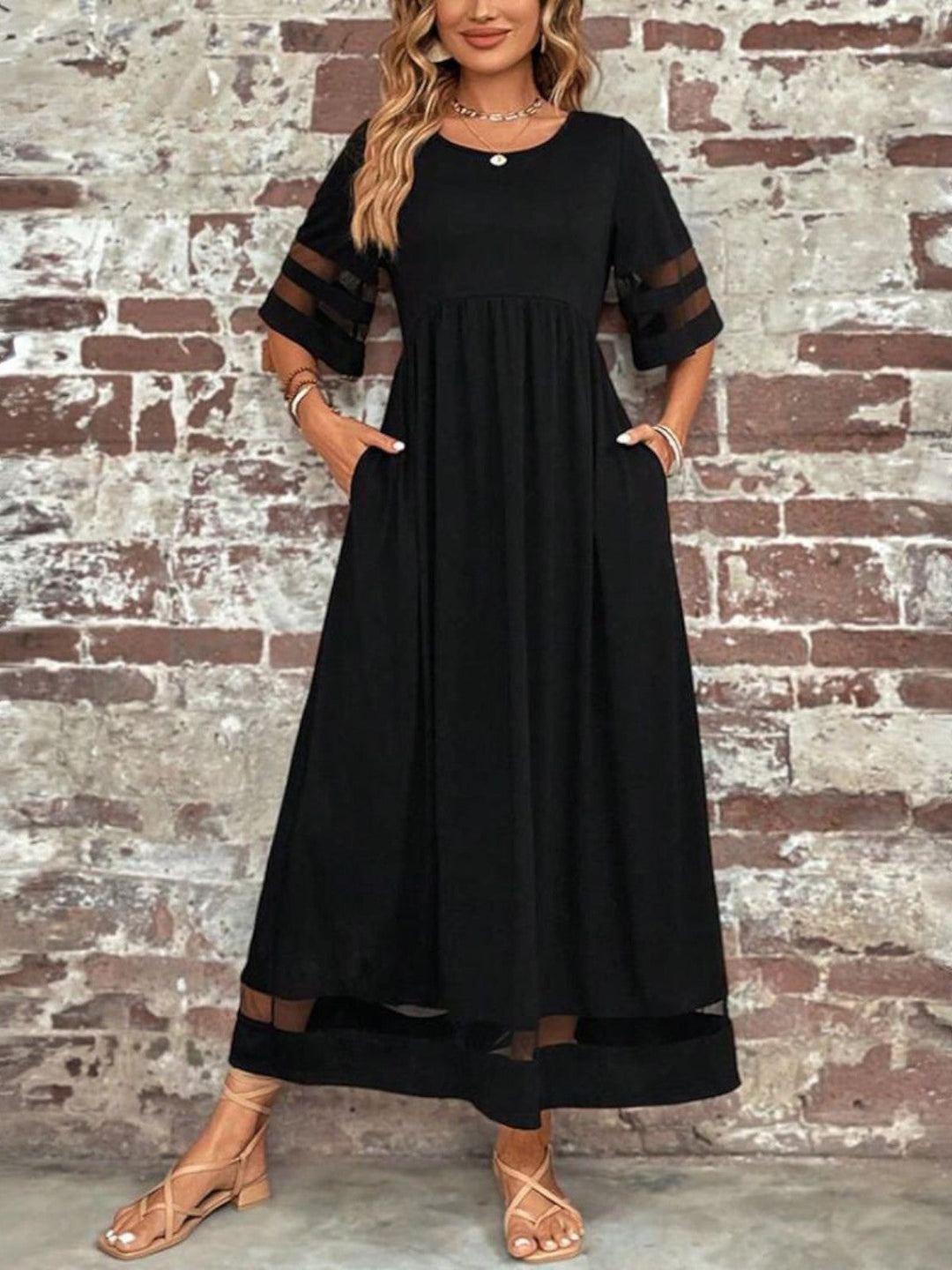 Women's Elegant Sheer Panel Maxi Dress-Metro Lane Plaza