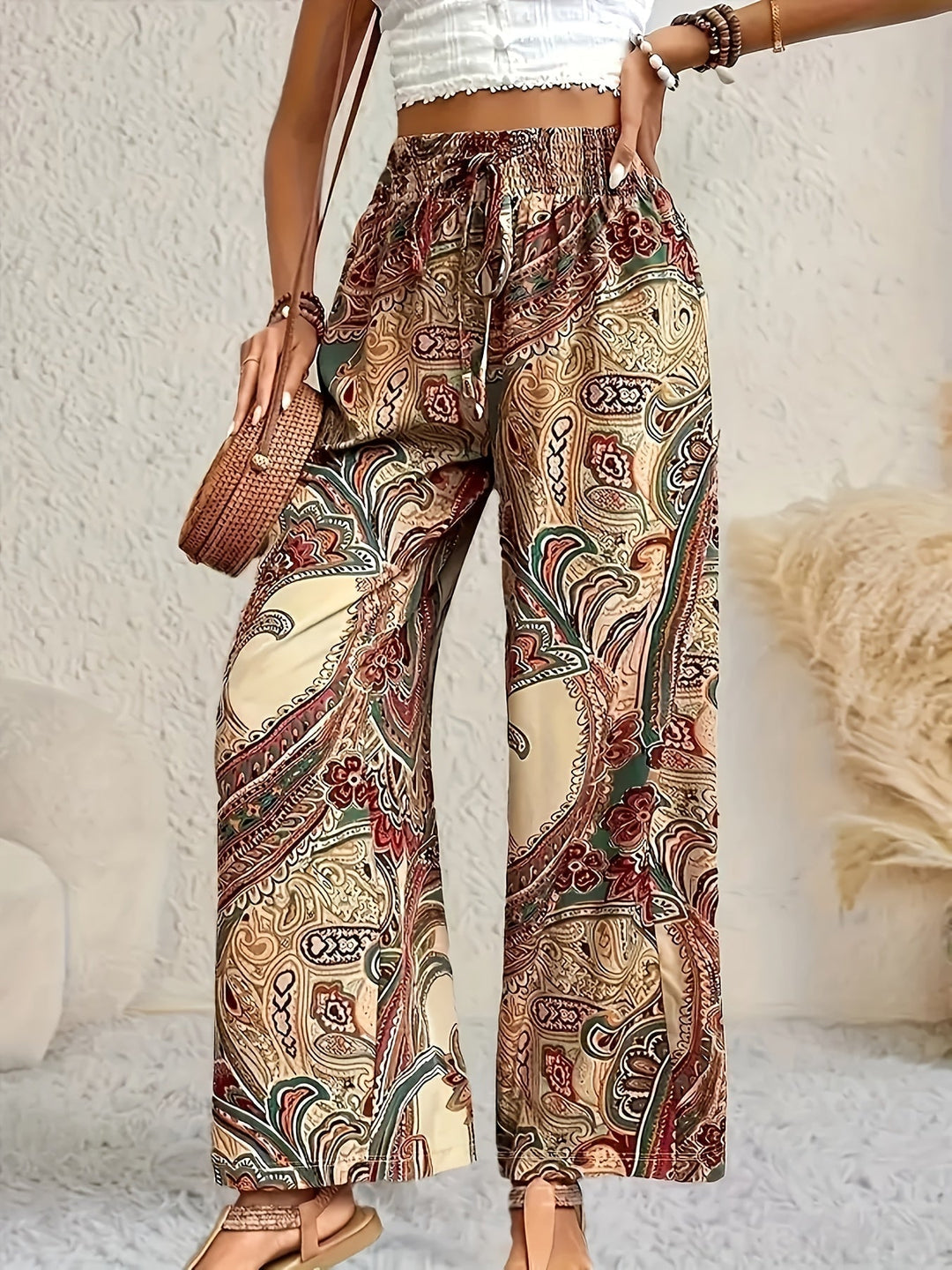 Boho-palazzobukser til kvinder med paisleyprint og elastisk talje