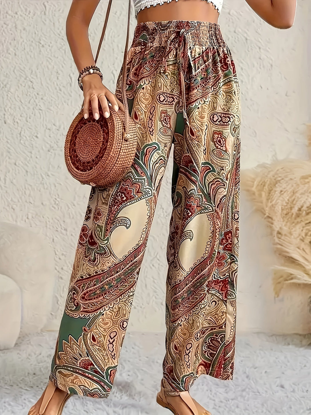 Boho-palazzobukser til kvinder med paisleyprint og elastisk talje