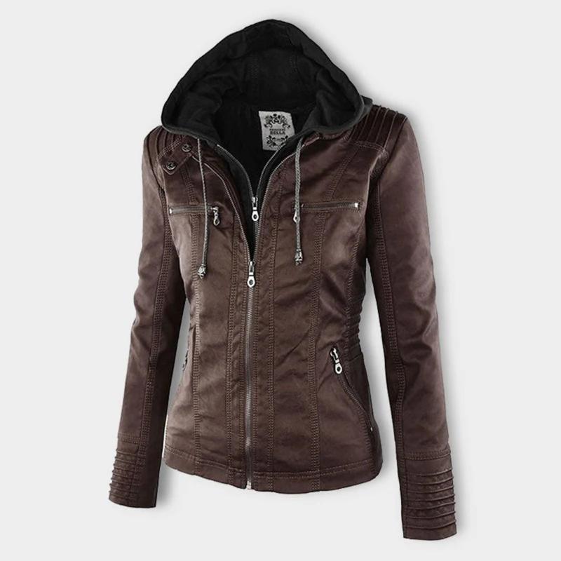Giacca da donna in ecopelle con cappuccio