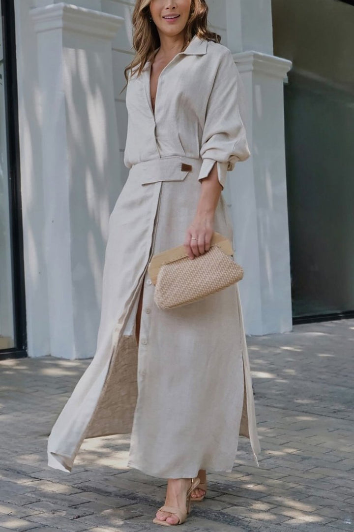 Paige | Women's Elegant Collared Belted Maxi Shirt Dress-Metro Lane Plaza