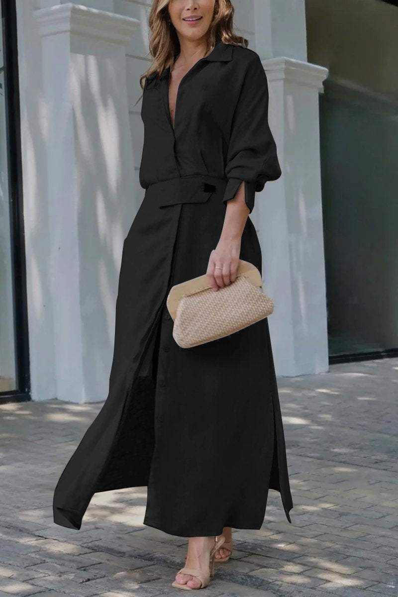 Paige | Women's Elegant Collared Belted Maxi Shirt Dress-Metro Lane Plaza