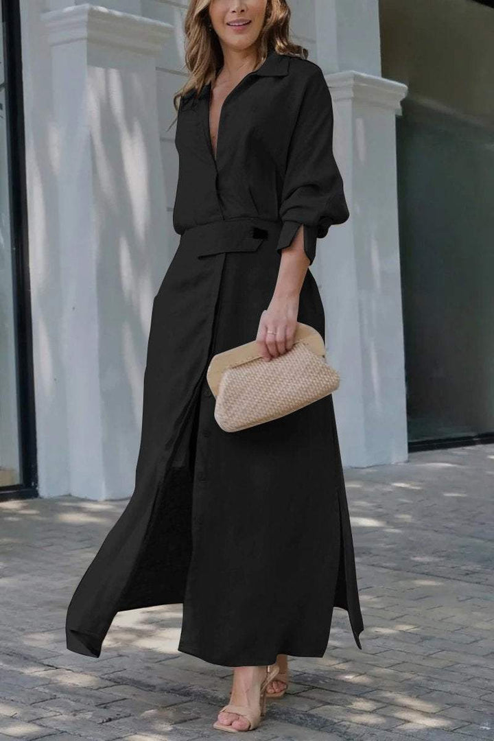 Paige | Women's Elegant Collared Belted Maxi Shirt Dress-Metro Lane Plaza