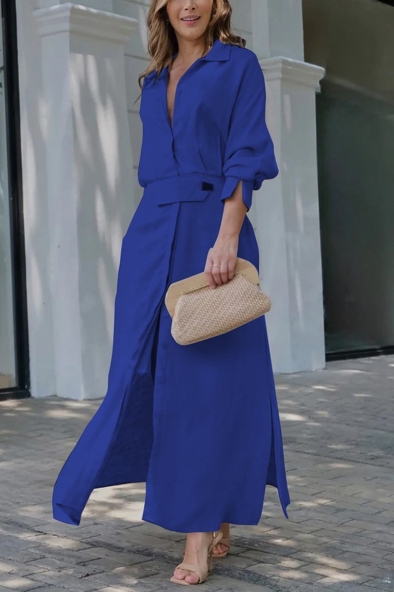 Paige | Women's Elegant Collared Belted Maxi Shirt Dress-Metro Lane Plaza