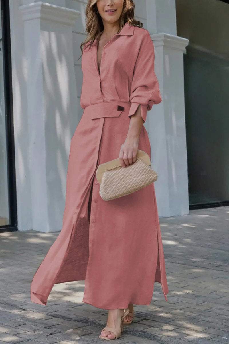 Paige | Women's Elegant Collared Belted Maxi Shirt Dress-Metro Lane Plaza