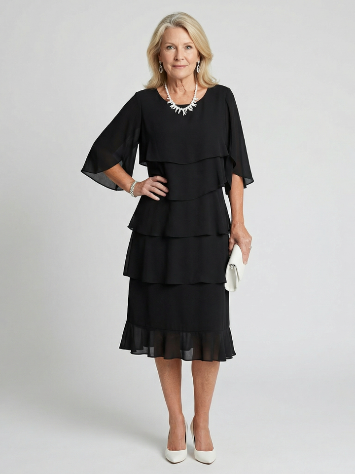 Tracy | Women's Elegant Tiered Midi Dress with Flutter Sleeves-Metro Lane Plaza