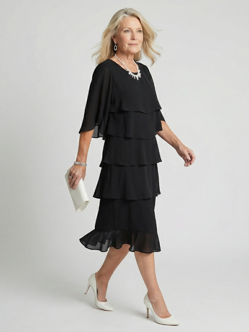 Tracy | Women's Elegant Tiered Midi Dress with Flutter Sleeves-Metro Lane Plaza