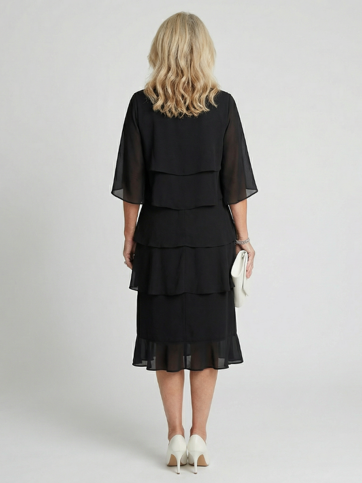Tracy | Women's Elegant Tiered Midi Dress with Flutter Sleeves-Metro Lane Plaza