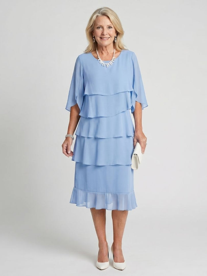 Tracy | Women's Elegant Tiered Midi Dress with Flutter Sleeves-Metro Lane Plaza