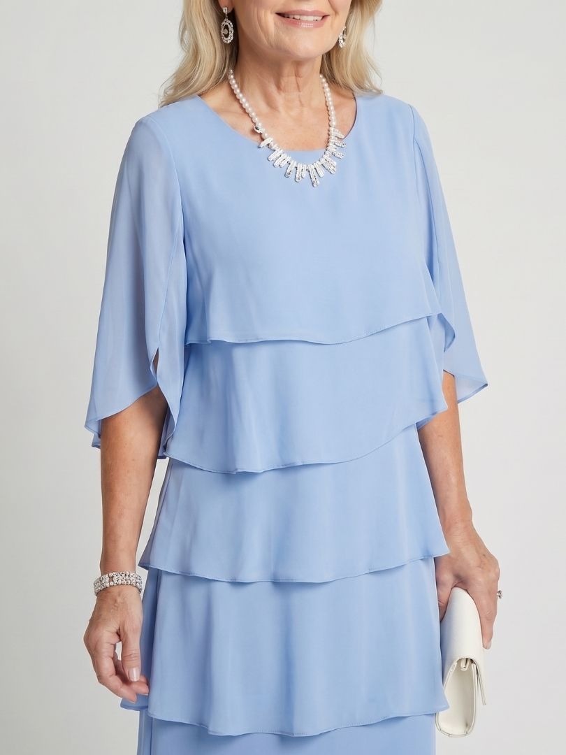 Tracy | Women's Elegant Tiered Midi Dress with Flutter Sleeves-Metro Lane Plaza