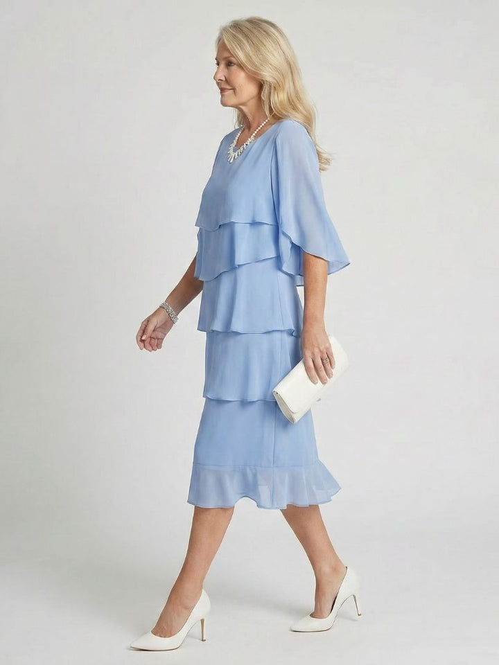 Tracy | Women's Elegant Tiered Midi Dress with Flutter Sleeves-Metro Lane Plaza