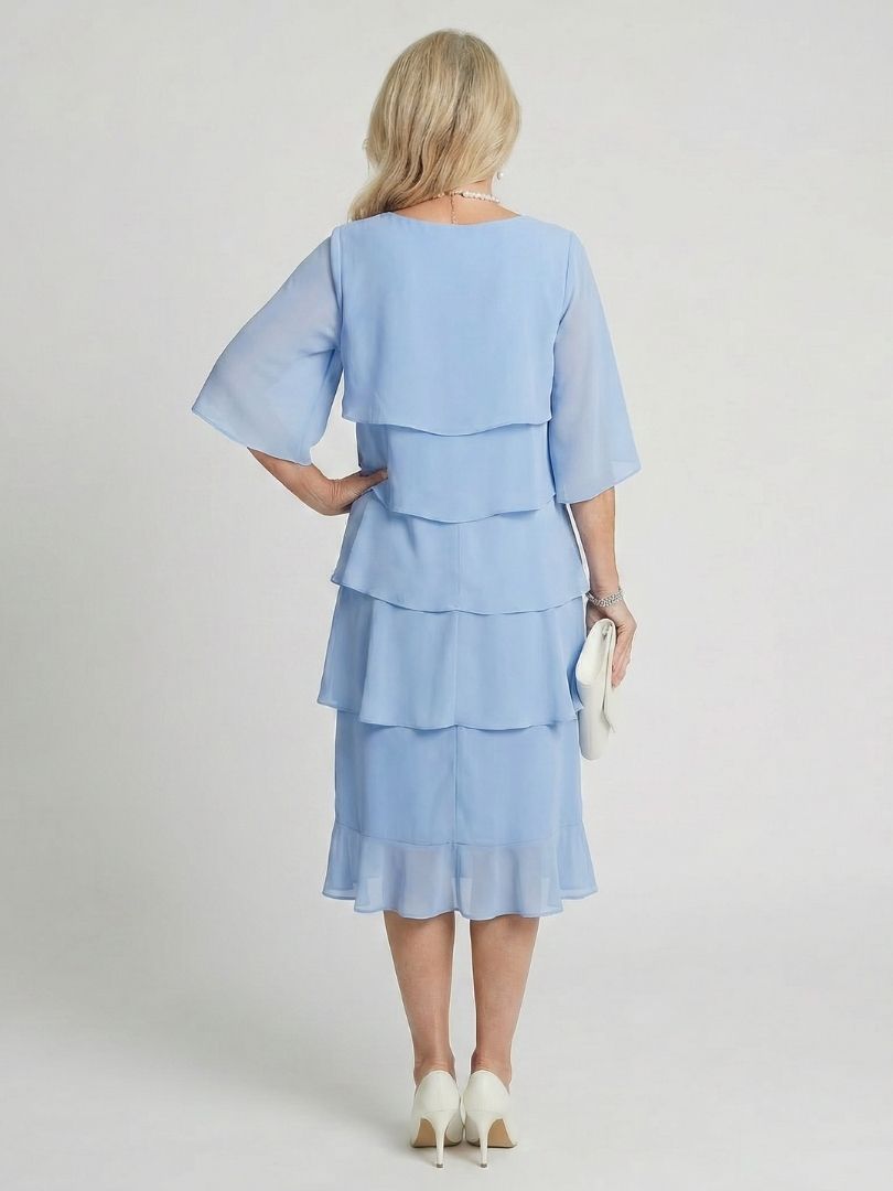 Tracy | Women's Elegant Tiered Midi Dress with Flutter Sleeves-Metro Lane Plaza
