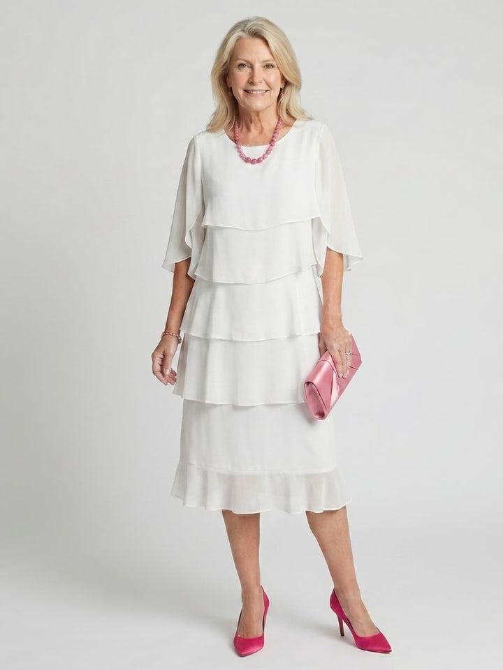 Tracy | Women's Elegant Tiered Midi Dress with Flutter Sleeves-Metro Lane Plaza
