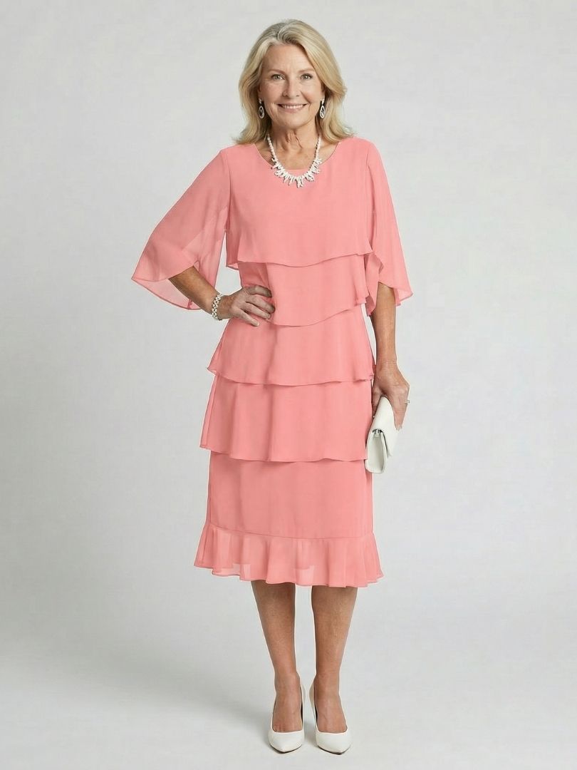 Tracy | Women's Elegant Tiered Midi Dress with Flutter Sleeves-Metro Lane Plaza