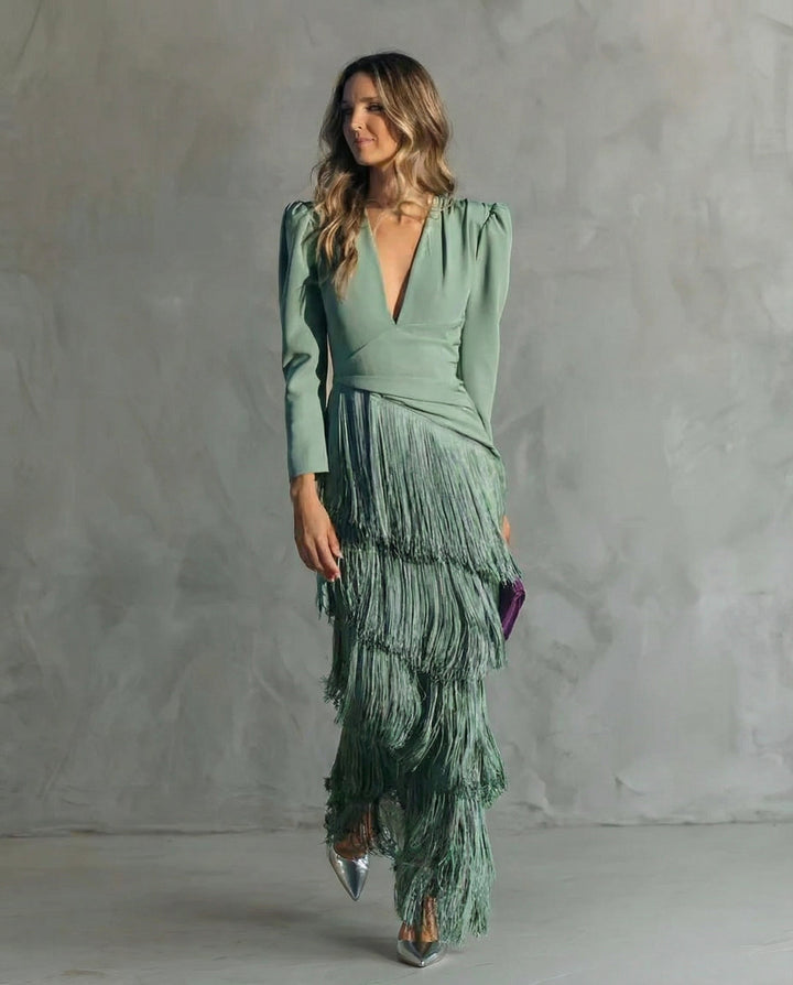 Karla | Women's Elegant V-Neck Tiered Fringe Maxi Dress-Metro Lane Plaza
