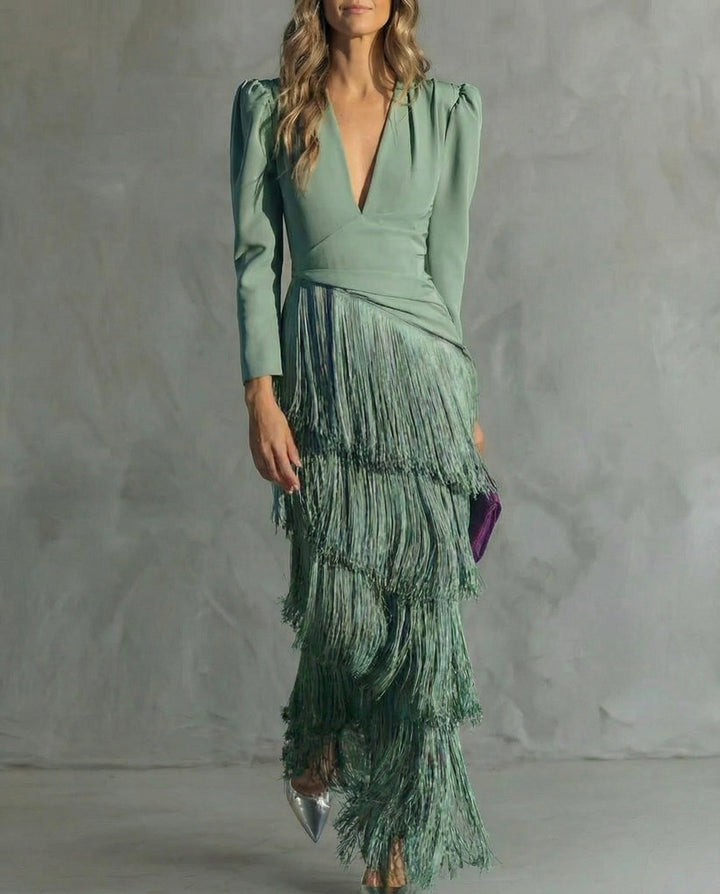 Karla | Women's Elegant V-Neck Tiered Fringe Maxi Dress-Metro Lane Plaza