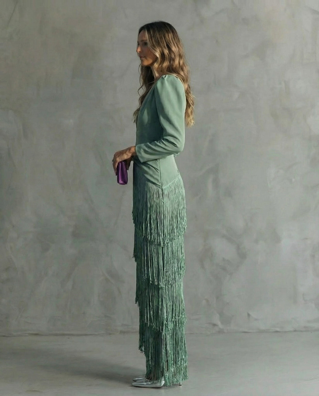 Karla | Women's Elegant V-Neck Tiered Fringe Maxi Dress-Metro Lane Plaza