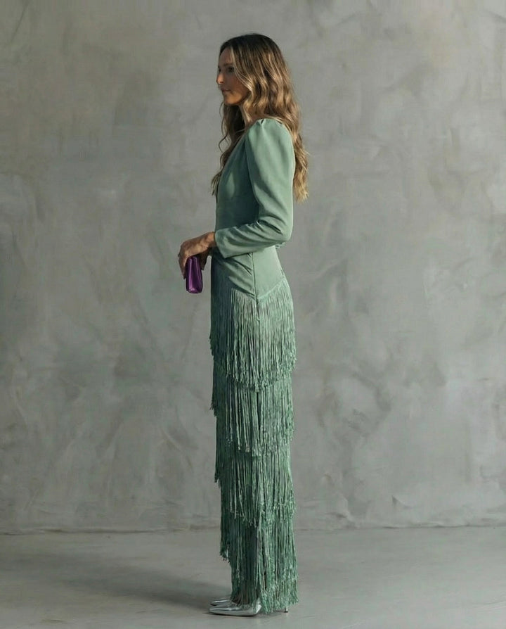 Karla | Women's Elegant V-Neck Tiered Fringe Maxi Dress-Metro Lane Plaza