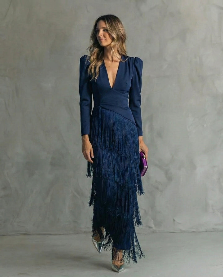 Karla | Women's Elegant V-Neck Tiered Fringe Maxi Dress-Metro Lane Plaza