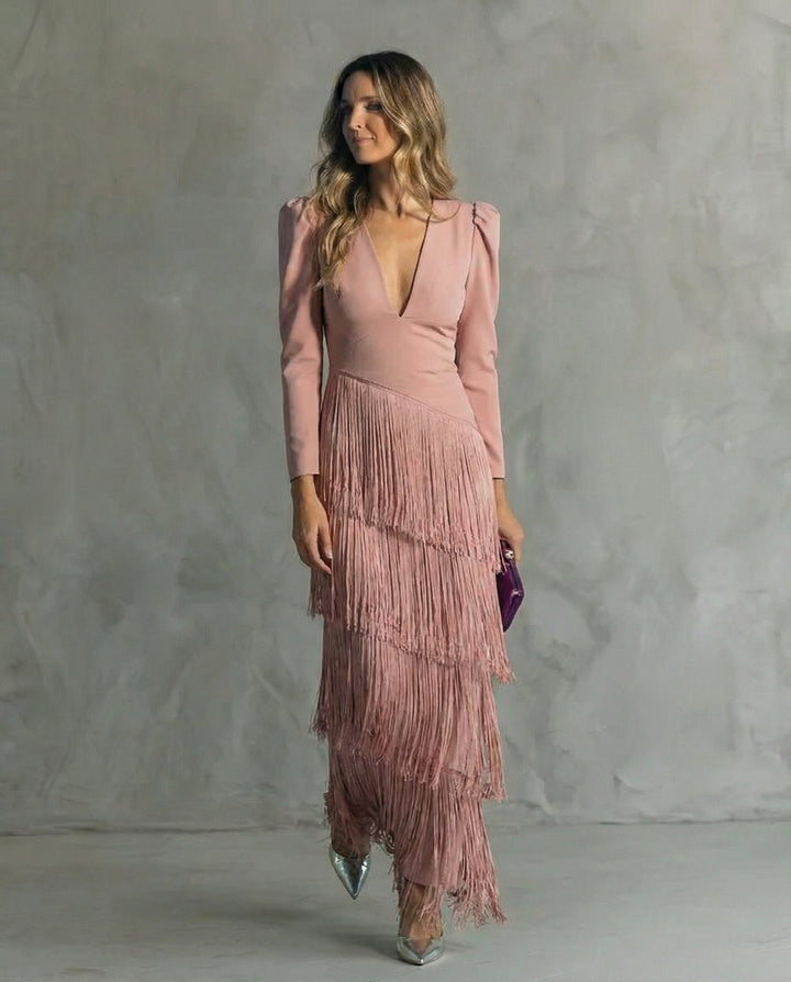 Karla | Women's Elegant V-Neck Tiered Fringe Maxi Dress-Metro Lane Plaza