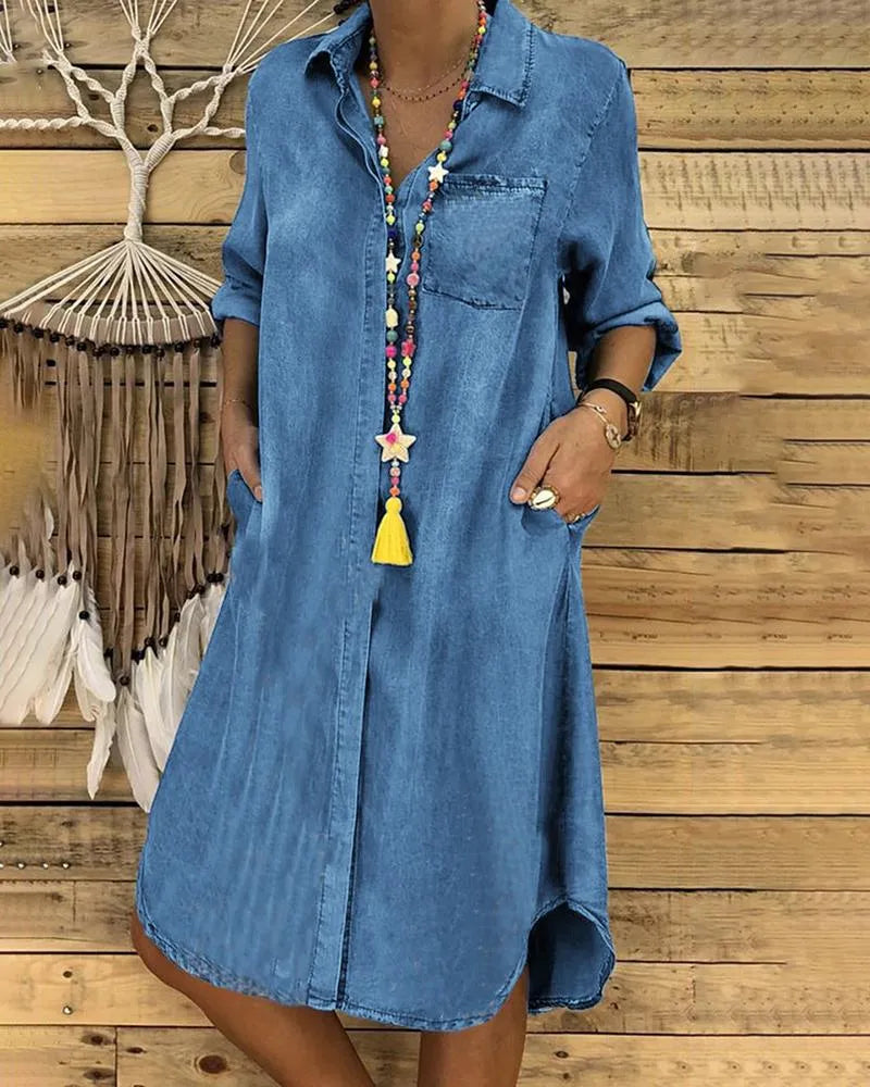 Women's Casual Denim Shirt Dress with Comfortable Fit-Metro Lane Plaza