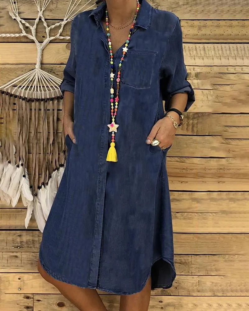 Women's Casual Denim Shirt Dress with Comfortable Fit-Metro Lane Plaza