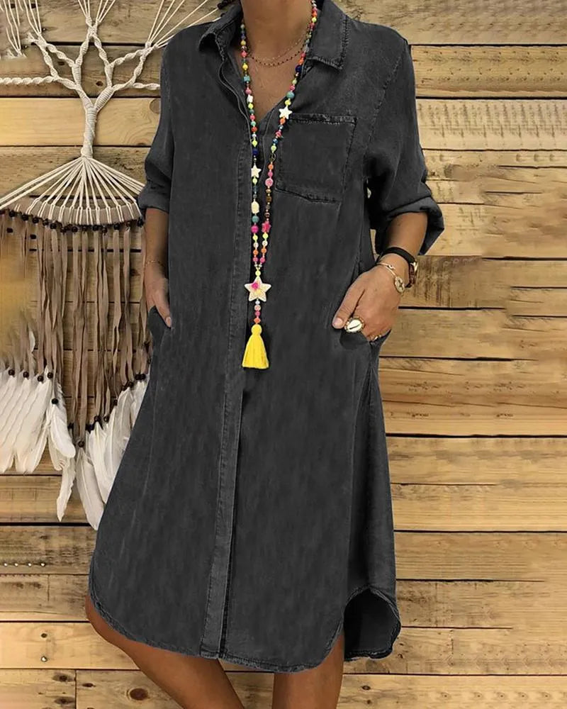 Women's Casual Denim Shirt Dress with Comfortable Fit-Metro Lane Plaza
