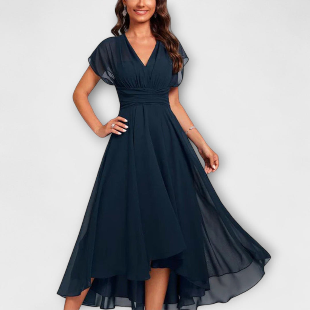 Seraphina | Women's Elegant V-Neck Flutter Midi Dress-Metro Lane Plaza