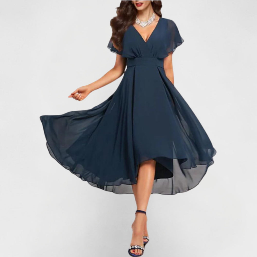 Seraphina | Women's Elegant V-Neck Flutter Midi Dress-Metro Lane Plaza