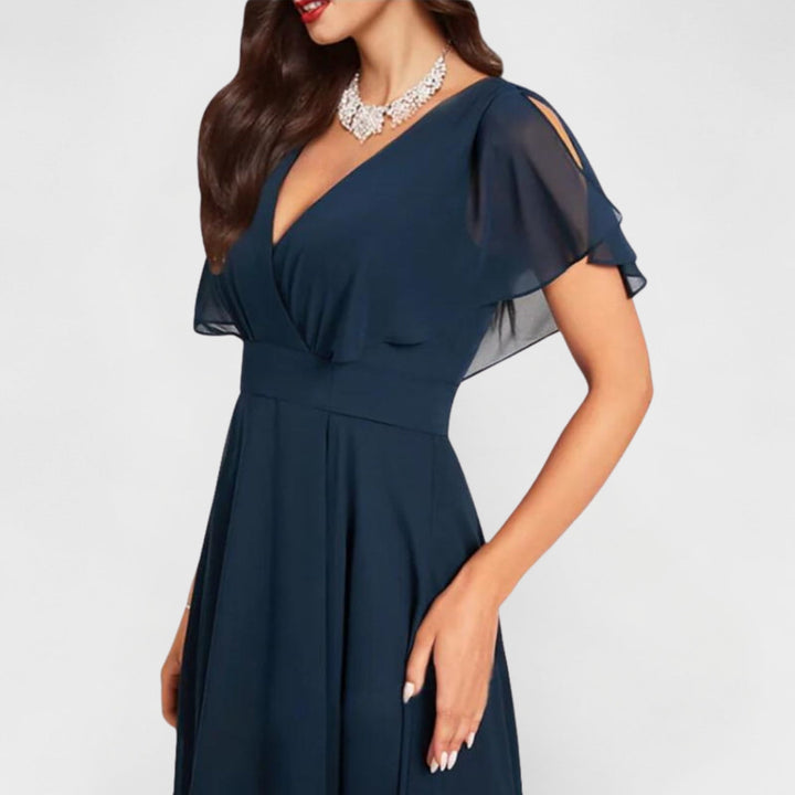 Seraphina | Women's Elegant V-Neck Flutter Midi Dress-Metro Lane Plaza
