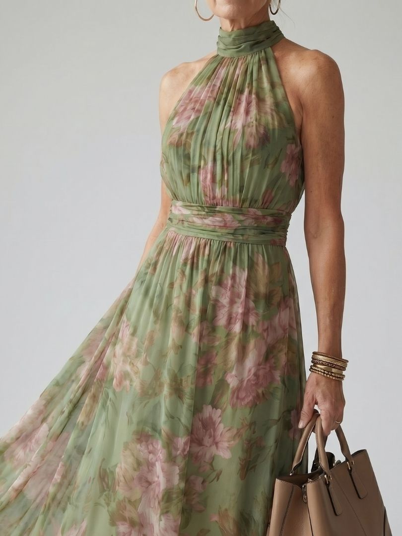 Sophie | Women's Trendy Floral Halter Midi Dress for Summer-Metro Lane Plaza