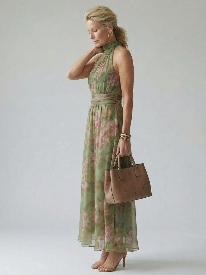 Sophie | Women's Trendy Floral Halter Midi Dress for Summer-Metro Lane Plaza