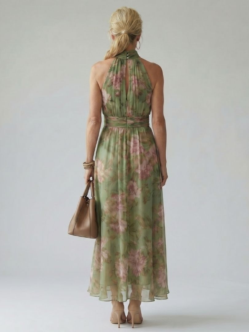 Sophie | Women's Trendy Floral Halter Midi Dress for Summer-Metro Lane Plaza