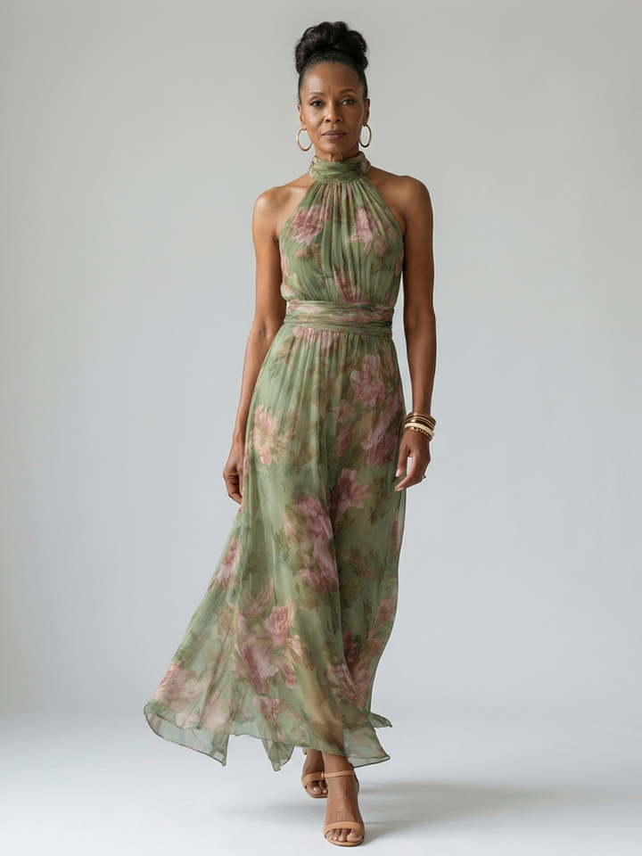 Sophie | Women's Trendy Floral Halter Midi Dress for Summer-Metro Lane Plaza
