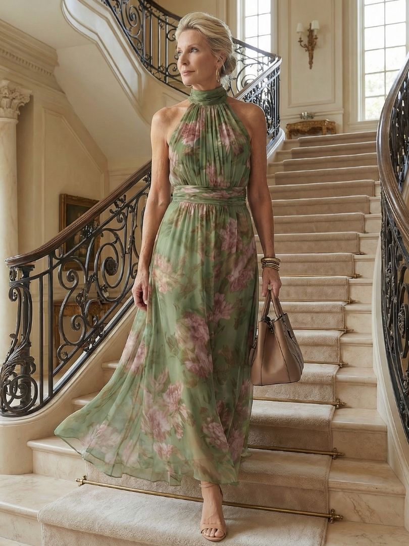 Sophie | Women's Trendy Floral Halter Midi Dress for Summer-Metro Lane Plaza