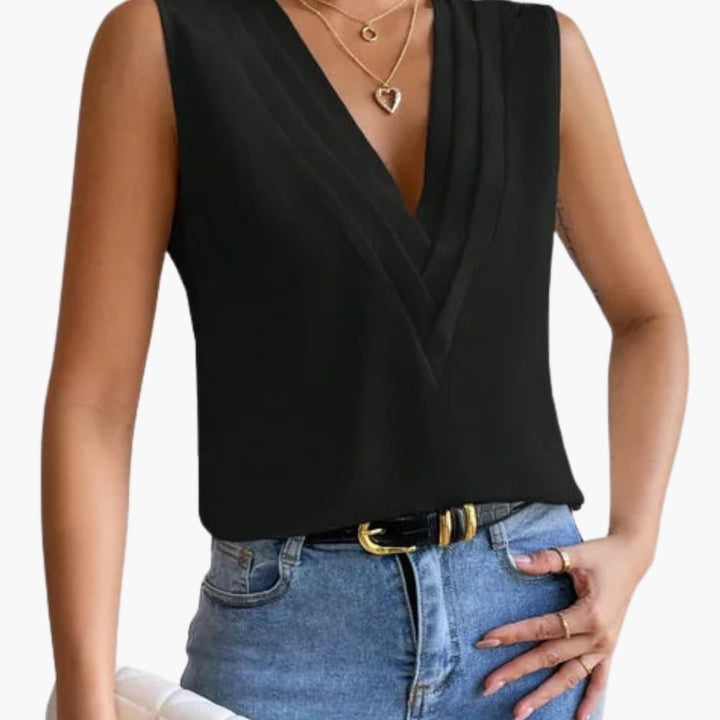 Morgan | Women's Elegant V-Neck Sleeveless Draped Blouse-Metro Lane Plaza